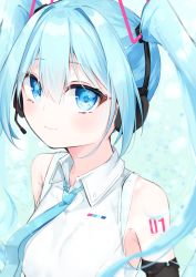 Rule 34 | 1girl, absurdres, armpit peek, bare shoulders, blue eyes, blue hair, blue necktie, blush, breasts, closed mouth, commentary request, hatsune miku, hatsune miku (vocaloid4), headphones, headset, highres, hijouguti, long hair, looking at viewer, medium breasts, necktie, shirt, sleeveless, sleeveless shirt, smile, solo, twintails, upper body, vocaloid, white shirt