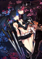 Rule 34 | 2girls, asymmetrical hair, belt, bikini, bikini top only, black bikini, black gloves, black hair, black rock shooter, black rock shooter (character), black shorts, breasts, collarbone, dual persona, flaming eye, gloves, hair ornament, holding, holding sword, holding weapon, long hair, looking at viewer, midriff, multiple girls, navel, parted lips, purple eyes, rain lan, red eyes, scarf, short shorts, shorts, sideboob, small breasts, smile, stomach, swimsuit, sword, weapon