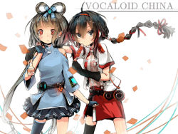 Rule 34 | 2girls, asymmetrical legwear, bare shoulders, belt, black eyes, black hair, bow, braid, eating, fingerless gloves, food, gloves, grey hair, hair bow, hair ribbon, long hair, looking at viewer, luo tianyi, mismatched legwear, multiple girls, red eyes, ribbon, smile, thighhighs, twintails, vocaloid, yuezheng ling, zuoweisaib