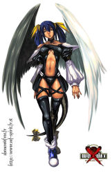 Rule 34 | 1girl, arc system works, asymmetrical wings, choker, dizzy (guilty gear), guilty gear, guilty gear x, navel, red eyes, ribbon, shonensan, solo, tail, tail ornament, tail ribbon, thighhighs, wings