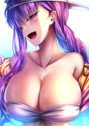 Rule 34 | 1girl, akeyama kitsune, asymmetrical hair, bandeau, bare shoulders, baseball cap, bb (fate), bb (fate) (all), bb (swimsuit mooncancer) (fate), bb (swimsuit mooncancer) (first ascension) (fate), blush, braid, breasts, cleavage, collarbone, cropped jacket, fate/grand order, fate (series), hat, hat ornament, jacket, large breasts, long hair, long sleeves, looking at viewer, off shoulder, open mouth, purple eyes, purple hair, single braid, smile, solo, star (symbol), star hat ornament, very long hair, wet, white hat, yellow jacket