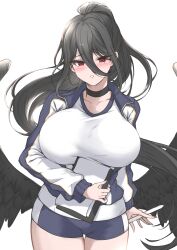 Rule 34 | 1girl, absurdres, bird wings, black choker, blue archive, blush, breasts, choker, clipboard, hair between eyes, hasumi (blue archive), hasumi (track) (blue archive), highres, holding, holding clipboard, huge breasts, jacket, kurakura s3, mole, mole under eye, parted lips, pen, ponytail, shirt, short shorts, shorts, simple background, solo, track jacket, white background, white shirt, wings