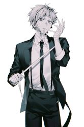 Rule 34 | 1boy, akat42273008, bandaged hand, bandages, bungou stray dogs, collared shirt, cowboy shot, formal, greyscale, hand up, highres, jacket, looking at viewer, male focus, monochrome, mouth hold, nakajima atsushi (bungou stray dogs), necktie, pants, shirt, short hair, simple background, sleeves rolled up, solo, standing, suit, suspenders