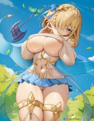Rule 34 | 1girl, axe, bird, blonde hair, blue eyes, blush, braid, breasts, cape, elf, greatodoggo, hair ribbon, hands up, highres, kukuru (elf village), large breasts, looking at viewer, microskirt, navel, own hands together, patreon username, pointy ears, revealing clothes, ribbon, short hair, skirt, sky, smile, solo, thighhighs, thighlet, tree, twitter username, underboob