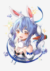 Rule 34 | 1girl, :d, animal ear fluff, animal ears, bare shoulders, black leotard, blue hair, braid, breasts, carrot hair ornament, cropped torso, cutout above navel, detached sleeves, dress, food-themed hair ornament, fur scarf, hair between eyes, hair ornament, highres, hololive, kyou-chan, leotard, leotard under clothes, long hair, looking at viewer, multicolored hair, open mouth, orange eyes, puffy detached sleeves, puffy short sleeves, puffy sleeves, rabbit-shaped pupils, rabbit ears, rabbit girl, scarf, short sleeves, small breasts, smile, solo, strapless, strapless dress, strapless leotard, symbol-shaped pupils, thick eyebrows, twin braids, twintails, two-tone hair, upper body, usada pekora, usada pekora (1st costume), virtual youtuber, white dress, white hair, white scarf