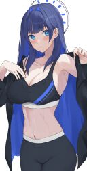 Rule 34 | 1girl, absurdres, alternate hairstyle, armpits, black jacket, black pants, black sports bra, blue eyes, blue hair, blue halo, blue sports bra, blunt bangs, blush, breasts, cleavage, colored inner hair, commentary, hair intakes, halo, highres, hololive, hololive english, jacket, large breasts, long hair, multicolored hair, navel, open clothes, open jacket, ouro kronii, pants, solo, sports bra, striped sports bra, sweat, two-tone sports bra, udonpan, virtual youtuber, yoga pants