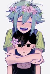 Rule 34 | 2boys, absurdres, antenna hair, basil (headspace) (omori), basil (omori), black eyes, black hair, black tank top, blue overalls, blush, collarbone, flower, green hair, green shirt, hair flower, hair ornament, head wreath, highres, looking at viewer, male focus, multiple boys, ninngenn88888, omori, omori (omori), open mouth, overalls, shirt, short hair, simple background, smile, t-shirt, tank top, teeth, tongue, white background