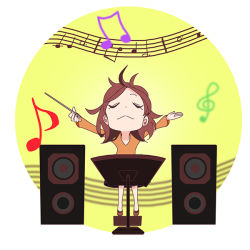 Rule 34 | 1girl, conductor baton, colorized, commentary, conductor, higuchi (trigger), music stand, musical note, official art, production art, promotional art, screencap, simple background, speaker, trigger (company)