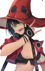 Rule 34 | 1girl, \m/, black hair, breasts, chalos, cleavage, fingerless gloves, gloves, green-tinted eyewear, green-tinted glasses, guilty gear, guilty gear strive, hat, highres, i-no, jacket, red headwear, red jacket, short hair, sunglasses, tinted eyewear, tongue, tongue out, venus symbol