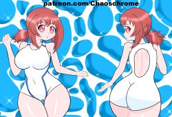 Rule 34 | 1girl, ass, breasts, chaoschrome, competition swimsuit, curvy, highres, huge ass, huge breasts, keijo!!!!!!!!, large breasts, long hair, looking back, matching hair/eyes, navel, one-piece swimsuit, pink hair, red eyes, red hair, sparkle, swimsuit, thick thighs, thighs, toyoguchi non, twintails, water, wide hips
