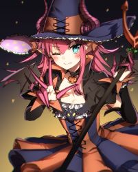 Rule 34 | 1girl, asymmetrical horns, blue eyes, blush, chibirisu, dress, earrings, elizabeth bathory (fate), elizabeth bathory (fate/extra ccc), elizabeth bathory (halloween caster) (fate), fangs, fate/grand order, fate (series), fingernails, gradient background, halloween, halloween costume, hat, highres, holding, holding polearm, holding spear, holding weapon, horns, jewelry, long fingernails, long hair, looking at viewer, multicolored clothes, multicolored dress, one eye closed, pink hair, pointy ears, polearm, pumpkin, solo, spear, star (symbol), striped clothes, striped dress, trident, uneven horns, vertical-striped clothes, vertical-striped dress, weapon, wings, witch hat