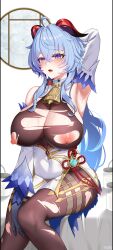 Rule 34 | 1girl, absurdres, ahoge, arm up, armpits, bare shoulders, bell, black gloves, black pantyhose, blue hair, bodystocking, breasts, chinese knot, cleavage, commentary request, detached sleeves, feet out of frame, feifu, flower knot, ganyu (genshin impact), genshin impact, gloves, gold trim, high-waist skirt, highres, horns, large breasts, long hair, looking at viewer, neck bell, nipples, open mouth, pantyhose, purple eyes, sitting, skirt, solo, tassel, thighlet, thighs, torn clothes, very long hair, vision (genshin impact), white background, white skirt
