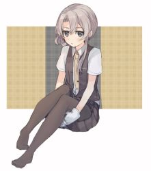 Rule 34 | 1girl, asymmetrical hair, black pantyhose, black skirt, black vest, blush, closed mouth, collared shirt, commentary request, full body, gloves, grey eyes, hair between eyes, kantai collection, long hair, looking at viewer, necktie, no shoes, nowaki (kancolle), pantyhose, pleated skirt, shirt, short sleeves, silver hair, sitting, skirt, solo, vest, white gloves, white shirt, yellow necktie, zp hn02