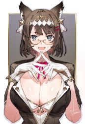 Rule 34 | 1girl, animal ears, artist name, black hair, blue eyes, blush, breasts, cleavage, detached collar, fang, glasses, gloves, hair ornament, hairband, hairclip, large breasts, looking at viewer, open mouth, original, red neckwear, red ribbon, ribbon, semi-rimless eyewear, short hair, signature, skin fang, smile, solo, toridamono, under-rim eyewear, upper body, white gloves, white hairband, x x, yellow-framed eyewear