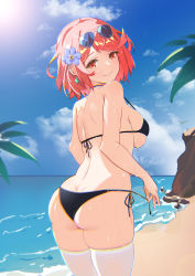 Rule 34 | 1girl, absurdres, ass, beach, bikini, bird, black bikini, blue flower, blue sky, breasts, chinese commentary, closed mouth, cloud, commentary request, cowboy shot, earrings, eyewear on head, flower, hair flower, hair ornament, headpiece, highres, jewelry, large breasts, long hair, looking at viewer, looking back, nintendo, ocean, outdoors, pyra (xenoblade), red eyes, red hair, short hair, side-tie bikini bottom, sky, smile, solo, standing, sunglasses, sunlight, swept bangs, swimsuit, thighhighs, tiara, user mnee2255, wet, white thighhighs, xenoblade chronicles (series), xenoblade chronicles 2