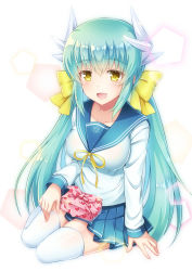 Rule 34 | 1girl, alternate costume, alternate hairstyle, aqua hair, blue sailor collar, blue skirt, bow, breasts, dragon girl, dragon horns, fate/grand order, fate (series), hair bow, highres, horns, kiyohime (fate), large breasts, long hair, long sleeves, neck ribbon, pleated skirt, ribbon, sailor collar, school uniform, serafuku, shirt, skirt, solo, suzumia (daydream), thighhighs, twintails, white shirt, white thighhighs, yellow bow, yellow eyes, yellow ribbon