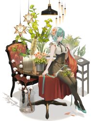 Rule 34 | 1girl, absurdres, black bow, black skirt, black thighhighs, blue eyes, blue footwear, blue hair, bow, breasts, brown flower, ceiling light, chair, collared shirt, commentary request, dress shirt, earrings, flower, hair between eyes, hair flower, hair ornament, high heels, highres, jewelry, looking at viewer, medium breasts, ori (momonimo), original, parted lips, plant, pleated skirt, potted plant, shirt, shoes, sidelocks, simple background, sitting, sitting on table, skirt, sleeveless, sleeveless shirt, solo, table, thighhighs, white background, white shirt