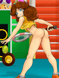 Rule 34 | 1girl, ass, blue eyes, bottomless, brown hair, crown, earrings, jewelry, looking at viewer, looking back, mario (series), mario tennis, mini crown, nintendo, princess daisy, shoes, smile, solo, super mario land, tennis, tennis daisy, toad (mario)