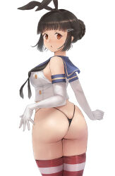 1girl ass black_hair black_neckerchief blush breasts brown_eyes butt_crack cosplay cowboy_shot crop_top elbow_gloves gloves hair_bun hair_ornament hairband hairclip highleg highleg_panties horizontal-striped_thighhighs kantai_collection long_hair looking_at_viewer looking_back medium_breasts myoukou_(kancolle) navel neckerchief panties sailor_collar shimakaze_(kancolle) shimakaze_(kancolle)_(cosplay) short_hair single_hair_bun skirt solo striped_clothes striped_thighhighs thighhighs toka_(marchlizard) underwear unworn_skirt white_background white_gloves