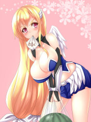 Rule 34 | 1girl, astraea (sora no otoshimono), bare shoulders, blonde hair, breasts, cleavage, food, fruit, head wings, large breasts, long hair, midriff, mouth hold, oyu-san, solo, sora no otoshimono, very long hair, watermelon, wings, yellow eyes
