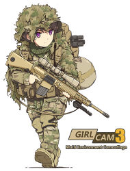 Rule 34 | 1girl, backpack, bag, black hair, body armor, boots, brown footwear, brown hat, brown jacket, brown pants, camouflage, camouflage jacket, camouflage pants, closed mouth, combat boots, english text, full body, ghillie suit, gun, harness, hat, holding, holding gun, holding weapon, jacket, knee pads, light frown, long sleeves, looking to the side, military, original, pants, purple eyes, scope, short hair, simple background, solo, standing, tacit ronin, tanto (tc1995), trigger discipline, utility pole, walking, weapon, weapon request, white background