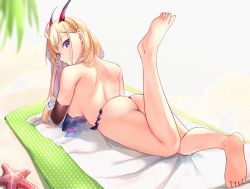 Rule 34 | 1girl, ass, azur lane, bad id, bad pixiv id, barefoot, beach mat, bikini, blonde hair, blush, breasts, elbow gloves, foot up, frilled bikini, frills, from behind, gloves, highres, holding, horns, kumano (azur lane), kumano (fancy waves) (azur lane), large breasts, long hair, looking at viewer, noraneri, oni horns, purple eyes, single elbow glove, solo, swimsuit, thighs, topless, untied bikini