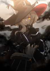 Rule 34 | 1girl, animal ears, arknights, black coat, black gloves, book, cat ears, chain, coat, cuffs, darkness, ears through headwear, floating, floating book, floating object, gloves, grey hair, hat, haze (arknights), highres, shackles, slit pupils, smile, sorashiroumi, witch hat, yellow eyes