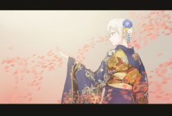 Rule 34 | 1girl, black eyes, blue kimono, cherry blossoms, commentary, earrings, floral print, flower, furisode, grey hair, hair between eyes, hair flower, hair ornament, highres, idolmaster, idolmaster cinderella girls, japanese clothes, jewelry, kanzashi, kimono, letterboxed, obi, outstretched arm, parted bangs, petals, profile, sash, shioda (shioda 5), shiomi syuko, short hair, smile, solo, wide sleeves