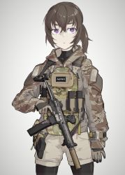 Rule 34 | 1girl, alma01, ammunition pouch, bandolier, black pantyhose, black shirt, brown gloves, brown hair, brown jacket, buckle, camouflage, camouflage jacket, closed mouth, collarbone, commentary request, gloves, grey background, grey shorts, gun, hair between eyes, highres, holding, holding gun, holding weapon, jacket, long hair, long sleeves, looking at viewer, military, military jacket, original, pantyhose, pouch, purple eyes, shirt, short shorts, shorts, simple background, snap-fit buckle, solo, suppressor, trigger discipline, weapon, weapon request