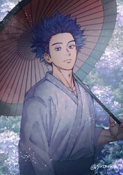Rule 34 | 1boy, boku no hero academia, closed mouth, expressionless, flower, highres, holding, holding umbrella, japanese clothes, kimono, light particles, long sleeves, looking at viewer, male focus, messy hair, oil-paper umbrella, outdoors, purple eyes, purple flower, purple hair, red umbrella, shinsou hitoshi, short hair, solo, sutaru h, two-tone umbrella, umbrella, upper body, white kimono