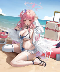 Rule 34 | 1girl, :d, absurdres, alternate costume, angel wings, arm up, beach, bikini, bikini skirt, black choker, blue archive, blue sky, breasts, choker, cleavage, criss-cross halter, flower, full body, hair bun, hair flower, hair ornament, halo, halterneck, highres, large breasts, leviathan (hikinito0902), long hair, long sleeves, looking at viewer, low wings, mika (blue archive), navel, ocean, open clothes, open mouth, open shirt, outdoors, pink hair, pink halo, sandals, shirt, single side bun, single thighhigh, sitting, sky, smile, solo, swimsuit, thigh strap, thighhighs, toes, very long hair, wariza, white bikini, white shirt, white thighhighs, wings, yellow eyes