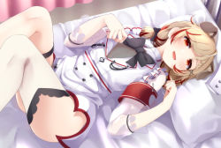 Rule 34 | 1girl, nanashi inc., animal ears, animare, armband, blush, bow, bowtie, braid, brown hair, dog ears, dress, fangs, feet out of frame, hair ornament, highres, looking at viewer, lying, medium hair, nail polish, on back, on bed, open mouth, pillow, red eyes, red nails, sch, seshima rui, smile, solo, thighhighs, virtual youtuber, white dress, white thighhighs, x hair ornament