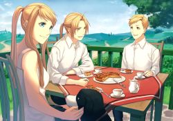 Rule 34 | 1girl, 2boys, alphonse elric, animal, blonde hair, blue eyes, chair, cup, day, den (fma), dog, earrings, edward elric, elbows on table, food, fork, fullmetal alchemist, happy, jewelry, knife, long hair, long sleeves, looking at another, mizui xl, mountain, multiple boys, nature, open mouth, outdoors, headpat, pie, plate, ponytail, saucer, shirt, short hair, siblings, sky, smile, table, tablecloth, talking, teacup, teapot, tree, white shirt, winry rockbell, yellow eyes