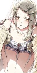 Rule 34 | 1girl, breasts, brown eyes, cleavage, collarbone, cutoffs, earrings, gakuen idolmaster, grey hair, hair ornament, hairclip, highres, idolmaster, jewelry, nyoijizai, off shoulder, open clothes, open shirt, parted lips, shinosawa hiro, small breasts, solo