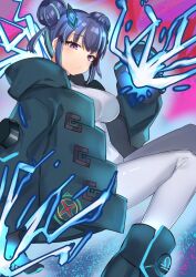 Rule 34 | 1girl, blue hair, bodysuit, breasts, cosplay, double bun, duel monster, electricity, evil twin lil-la, gloves, hair bun, highres, jacket, large breasts, lil-la (yu-gi-oh!), long sleeves, looking at viewer, nernnernneru, open clothes, open jacket, purple eyes, short hair, spright blue, spright blue (cosplay), white bodysuit, yu-gi-oh!