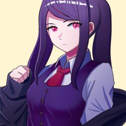 Rule 34 | 1girl, bartender, gilijim, highres, jacket, jill stingray, long hair, necktie, open clothes, open jacket, purple hair, red eyes, red necktie, shirt, solo, twintails, va-11 hall-a, vest, white shirt, yellow background