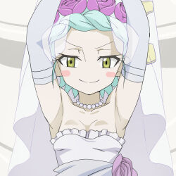 Rule 34 | 1girl, aqua hair, armpits, bare shoulders, blush stickers, bokyami (heybot!), breasts, bridal veil, closed mouth, dress, elbow gloves, flower, gloves, hair ornament, haruyama kazunori, heybot!, jewelry, looking at viewer, necklace, short hair, small breasts, smile, solo, v-shaped eyebrows, veil, wedding dress, white dress, yellow eyes