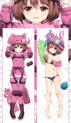 Rule 34 | 1girl, :t, animal hat, arm up, arms up, bad id, bad pixiv id, bare legs, barefoot, bed sheet, bikini, billie (meng gong fang), black bikini, black footwear, blush, boots, breasts, brown hair, bullpup, closed mouth, collarbone, commentary request, cross-laced footwear, dakimakura (medium), embarrassed, fingernails, fur-trimmed jacket, fur trim, gloves, goggles, goggles on headwear, gun, hair between eyes, hands on headwear, hat, highres, holding, inflatable armbands, jacket, lace-up boots, llenn (sao), long sleeves, lying, multiple views, navel, on back, p-chan (p90), p-chan (sao), p90, pants, parted lips, personal defense weapon, pink gloves, pink hat, pink jacket, pink pants, pout, rabbit hat, red eyes, short hair, small breasts, snorkel, submachine gun, swimsuit, sword art online, sword art online alternative: gun gale online, trigger discipline, weapon