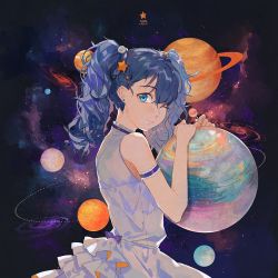 Rule 34 | 1girl, arm garter, blue eyes, blue hair, candy, dress, earrings, fen renlei, food, from side, hair ornament, hairclip, hatsune miku, jewelry, lollipop, looking at viewer, matching hair/eyes, one eye closed, planet, solo, star (symbol), star hair ornament, twintails, vocaloid
