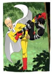 Rule 34 | 2boys, against tree, anal, armor, bald, black hair, clothed sex, erection, grass, kita makura, male focus, male penetrated, multiple boys, one-punch man, onsoku no sonic, outdoors, penis, public indecency, saitama (one-punch man), sex, smile, tagme, testicles, torn clothes, tree, yaoi