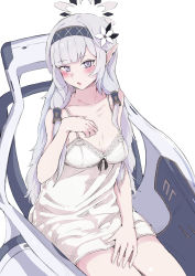 Rule 34 | absurdres, blue archive, flower, hair flower, hair ornament, hair tubes, hairband, halo, hand on own chest, highres, himari (blue archive), lingerie, mole, mole under eye, negligee, nightgown, pointy ears, powered wheelchair, purple eyes, shuuhen kouichi, sitting, striped clothes, striped hairband, underwear, wheelchair, white background, white hair