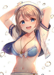 Rule 34 | 1girl, :d, anchor earrings, arms behind head, bikini, blue bikini, blue eyes, blush, bow, bow bikini, breasts, brown hair, cleavage, collarbone, commentary, crop top, earrings, groin, hair between eyes, hair ornament, hat, head tilt, highres, jewelry, large breasts, looking at viewer, love live!, love live! sunshine!!, medium breasts, motokonut, navel, necklace, open clothes, open mouth, polka dot, polka dot bikini, short hair, sidelocks, simple background, smile, solo, sparkle, stomach, swimsuit, teeth, upper teeth only, watanabe you, water drop, white background, white hat