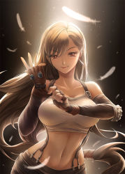 Rule 34 | 1girl, abs, adjusting clothes, adjusting gloves, backlighting, breasts, brown gloves, collarbone, commentary, crop top, elbow gloves, elbow pads, feathers, final fantasy, final fantasy vii, fingerless gloves, gloves, highres, large breasts, long hair, looking at viewer, low-tied long hair, midriff, navel, rachta lin, red eyes, shirt, smirk, solo, suspenders, tifa lockhart, white shirt
