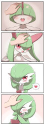 Rule 34 | 1other, 2girls, 4koma, ^ ^, absurdres, averting eyes, blunt bangs, blush, bob cut, bowl cut, child, closed eyes, closed mouth, colored skin, comic, creatures (company), disembodied limb, evolutionary line, flat chest, game freak, gardevoir, gen 3 pokemon, green hair, green skin, hair between eyes, hair over eyes, hair over one eye, half-closed eyes, hand on another&#039;s head, hands up, happy, headpat, heart, highres, jpeg artifacts, kirlia, long hair, looking to the side, multicolored skin, multiple girls, multiple views, nintendo, open mouth, outstretched arms, own hands together, pokemon, pokemon (creature), ralts, red eyes, shabana may, short hair, simple background, smile, speech bubble, spoken heart, spread arms, steepled fingers, straight-on, tears, tsundere, two-tone skin, upper body, white skin
