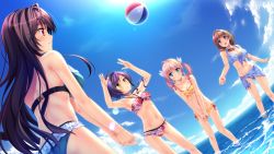Rule 34 | 4girls, arms up, ball, bare arms, bare legs, bare shoulders, beach, beachball, bikini, black hair, blonde hair, blue eyes, blush, breasts, cleavage, game cg, green bikini, happy, large breasts, legs, long hair, looking up, multiple girls, navel, ocean, open mouth, outdoors, parted lips, pink hair, ponytail, purple eyes, purple hair, red eyes, sakura no mori dreamers, sarong, sideboob, sky, small breasts, smile, standing, sun, sunlight, swimsuit, thighs, twintails, water, yamakaze ran, yellow bikini, yellow eyes