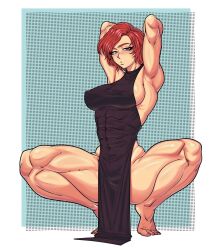 Rule 34 | 1girl, abs, artist request, backless dress, backless outfit, black dress, breasts, dress, highres, large breasts, looking at viewer, mruve3, muscular, muscular female, no panties, red eyes, red hair, sideboob, solo, the king of fighters, thick thighs, thighs, tiptoes, vanessa (kof)