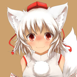 Rule 34 | 1girl, :3, animal ears, bare shoulders, blush, breasts, denak, detached sleeves, happy, hat, highres, inubashiri momiji, looking at viewer, pom pom (clothes), red eyes, short hair, silver hair, solo, tail, tokin hat, touhou, wolf ears, wolf tail