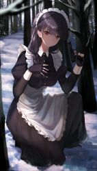 Rule 34 | 1girl, absurdres, apron, black apron, blunt bangs, braid, breasts, gun, highres, large breasts, long hair, long sleeves, looking at viewer, maid, maid apron, maid headdress, nea (nea 77), on one knee, original, red eyes, snow, solo, weapon, winter