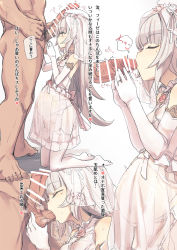 1boy 1girl azur_lane bar_censor bee_(deadflow) beret censored closed_eyes elbow_gloves fellatio garter_belt gloves hat hetero highres jewelry kissing_penis kneeling long_hair mole mole_under_eye oral penis pregnant ring see-through_clothes silver_hair simple_background testicle_sucking thighhighs translation_request very_long_hair wedding_ring white_background white_gloves yellow_eyes z46_(azur_lane)