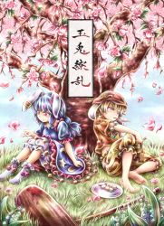 Rule 34 | 2girls, ambiguous red liquid, animal ears, barefoot, blonde hair, bloomers, blue dress, blue hair, bobby socks, calligraphy brush (medium), cherry blossoms, dango, dress, finger gun, flat cap, food, frilled dress, frilled sleeves, frills, full body, grass, hat, highres, kine, link163353, long hair, low twintails, mallet, multiple girls, one eye closed, orange shirt, outdoors, petals, puffy short sleeves, puffy sleeves, rabbit ears, red eyes, ringo (touhou), seiran (touhou), shirt, short hair, short sleeves, shorts, sitting, socks, touhou, translation request, tree, twintails, under tree, underwear, wagashi, white legwear, yellow shorts